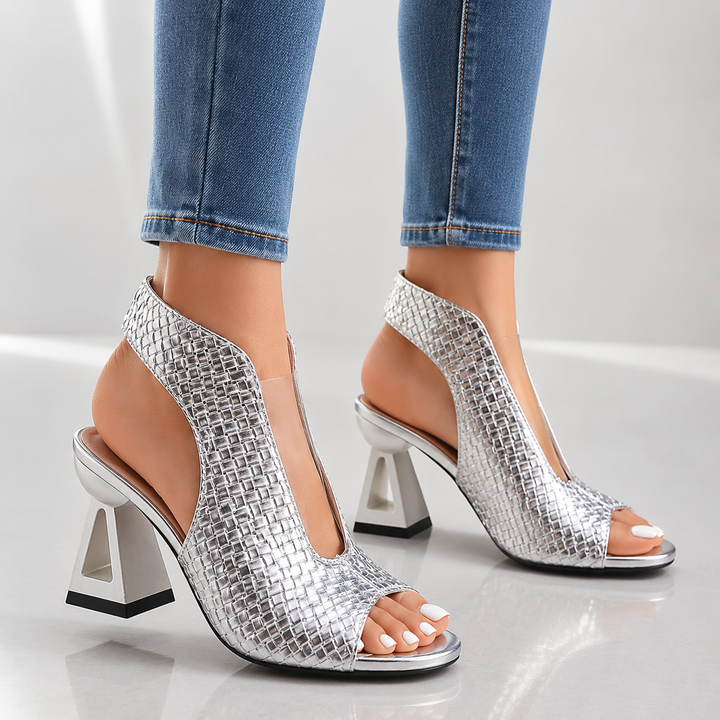 Chic open-toe women's heels with a modern geometric heel, perfect for stylish formal occasions.