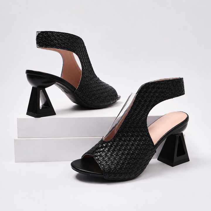 High-fashion open-toe women's heels: sleek slingback design, modern geometric heel for special events.