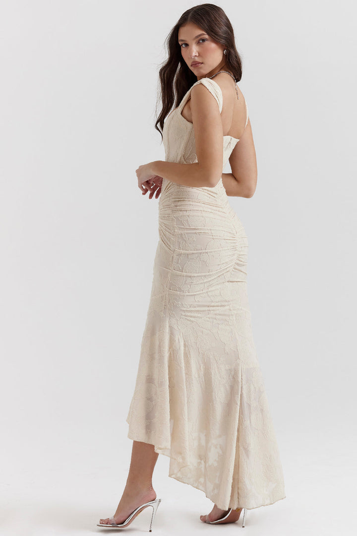 Elegant women's corset bodycon dress in beige, perfect as a homecoming or evening gown.