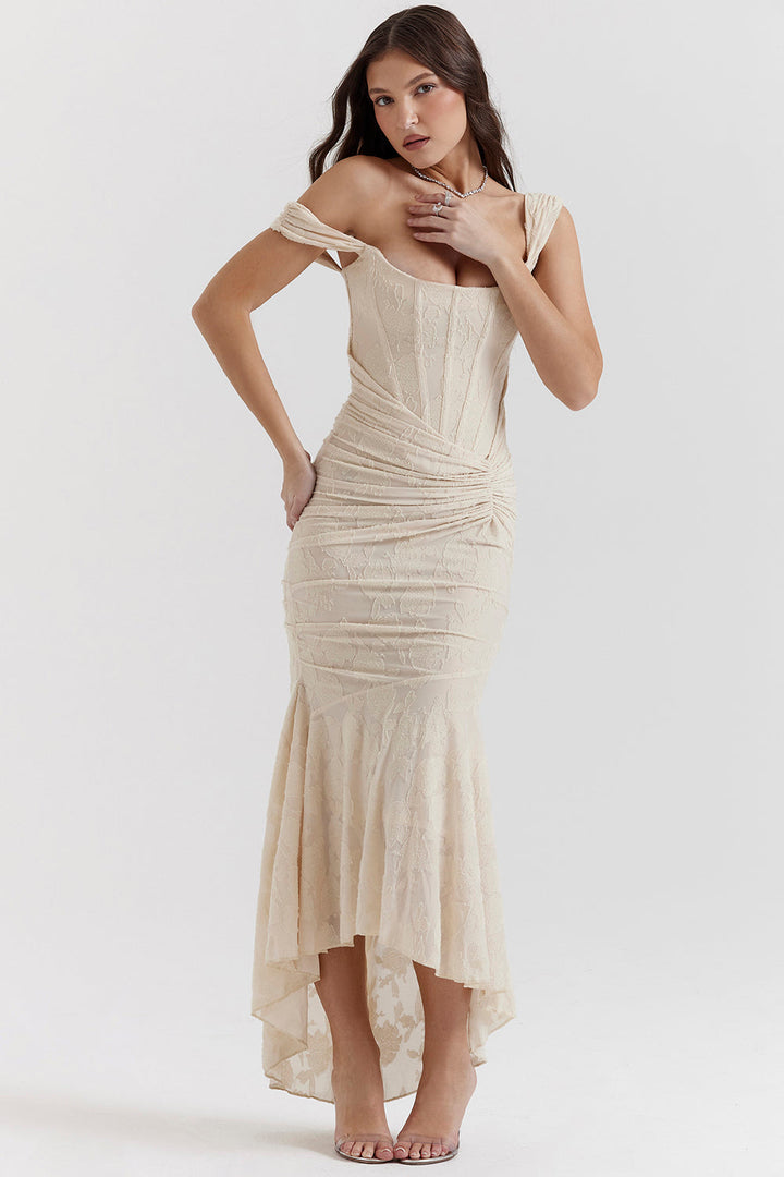 Chic beige formal dress, women's elegant bodycon corset gown for evening events.