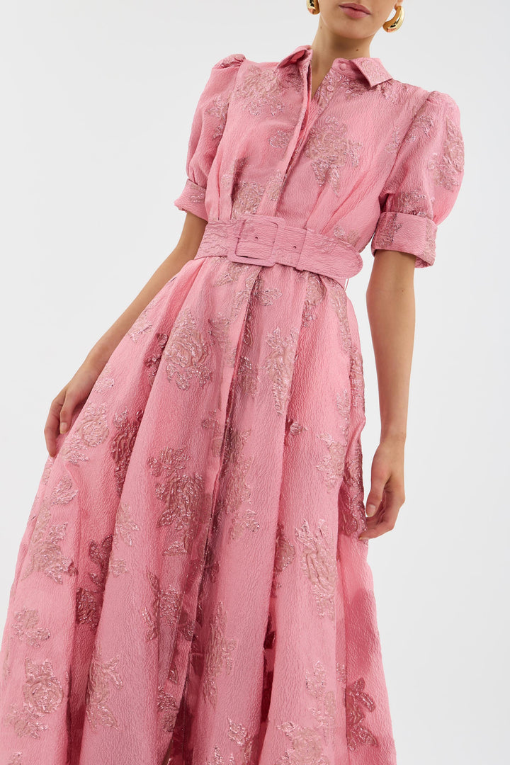 Elegant pink puff sleeve maxi dress for women, a beautiful A-line formal gown perfect for wedding guests & parties.