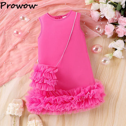 Elegant pink sleeveless princess party dress for girls with matching shoulder bag, polyester fabric