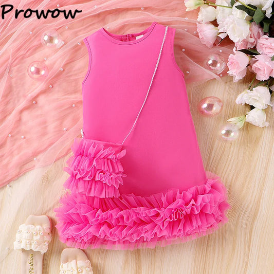 Elegant pink sleeveless princess party dress for girls with matching shoulder bag, polyester fabric
