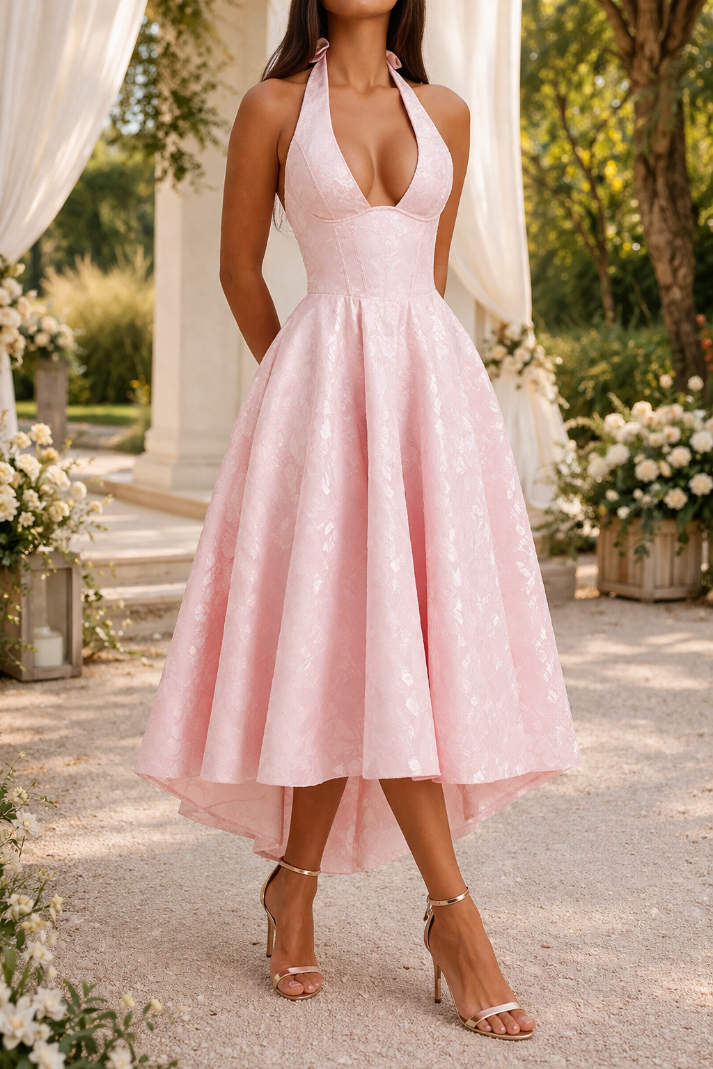 Elegant pink women's halter neck midi dress with a flared skirt, perfect for wedding guests or special occasions.