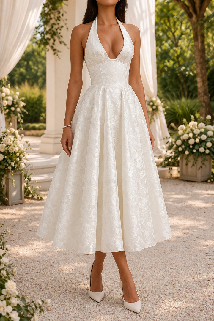 Sophisticated white halter neck midi dress for women, ideal as a formal party dress or evening wear.