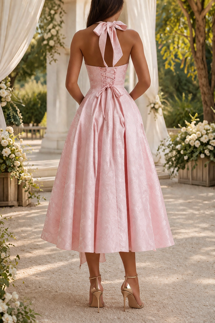 Women's formal halter neck midi dress. Elegant and sophisticated, ideal for wedding guests & evening parties.