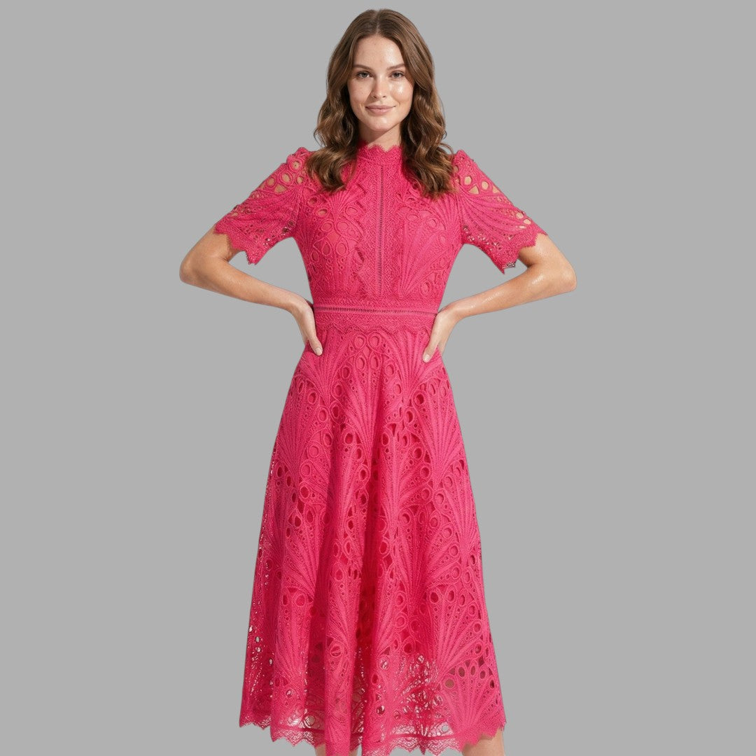 Elegant pink women's lace midi dress with short sleeves & high neck, perfect for formal evening or cocktail occasions.