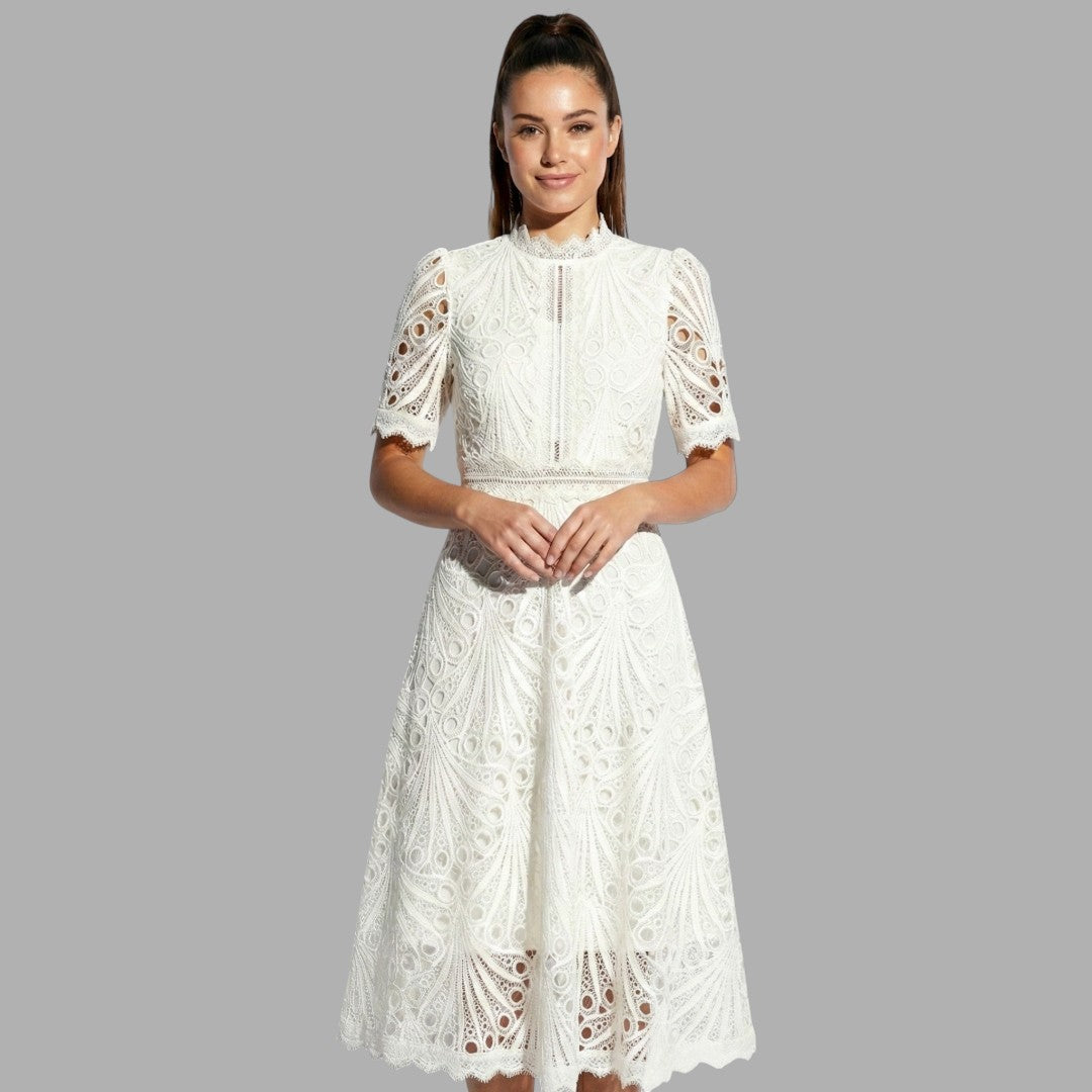 Sophisticated white women's lace midi dress, high neck & short sleeve, ideal for formal events, evening parties.