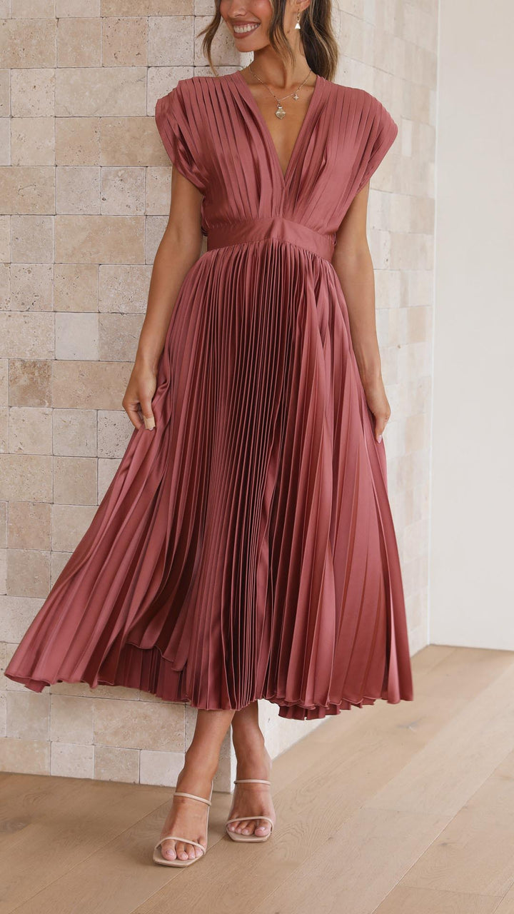 Elegant pleated V-neck midi wedding guest dress for women in dusty rose hue.