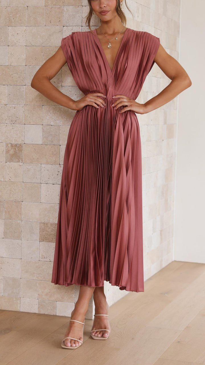 Dusty rose elegant pleated V-neck midi dress, a chic option for evening wear.