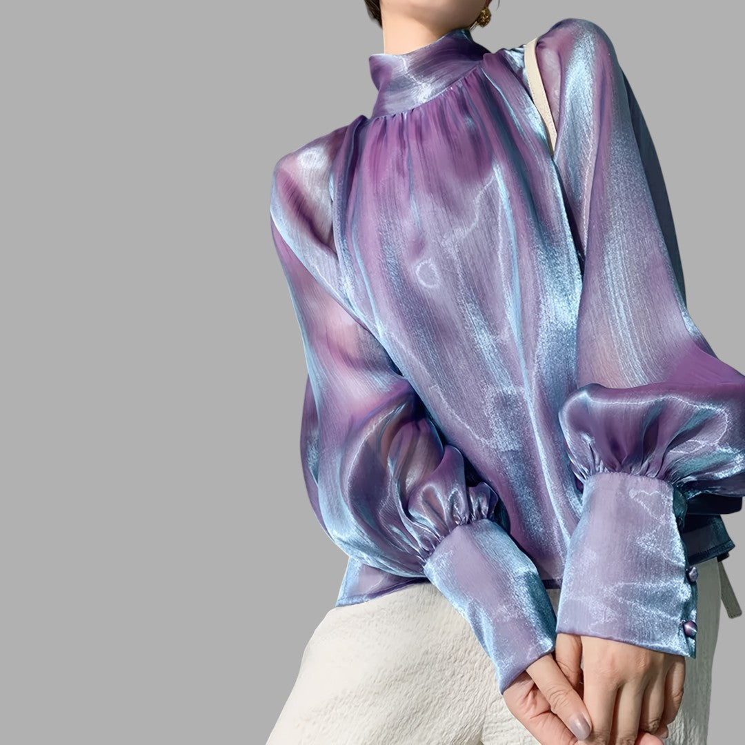 Elegant purple puff sleeve blouse for women, perfect for sophisticated style and workwear.