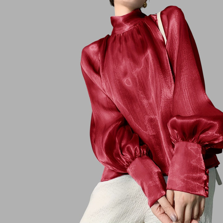 Red elegant puff sleeve blouse for women, designed for a stylish and sophisticated work or casual look.