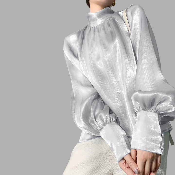 Green women's puff sleeve workwear blouse, a chic and elegant long sleeve top for professional style.