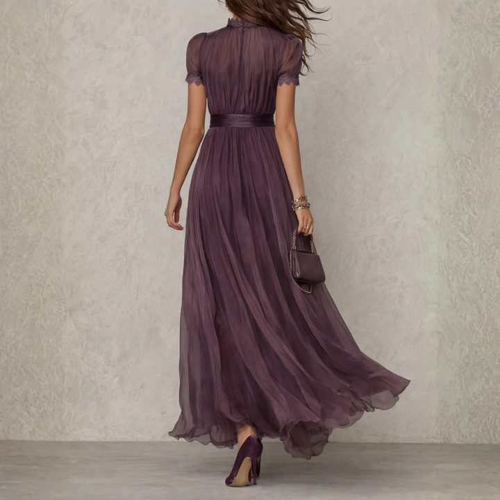 Lightweight women's maxi dress featuring delicate lace trim and high neck design for a romantic, elegant look.