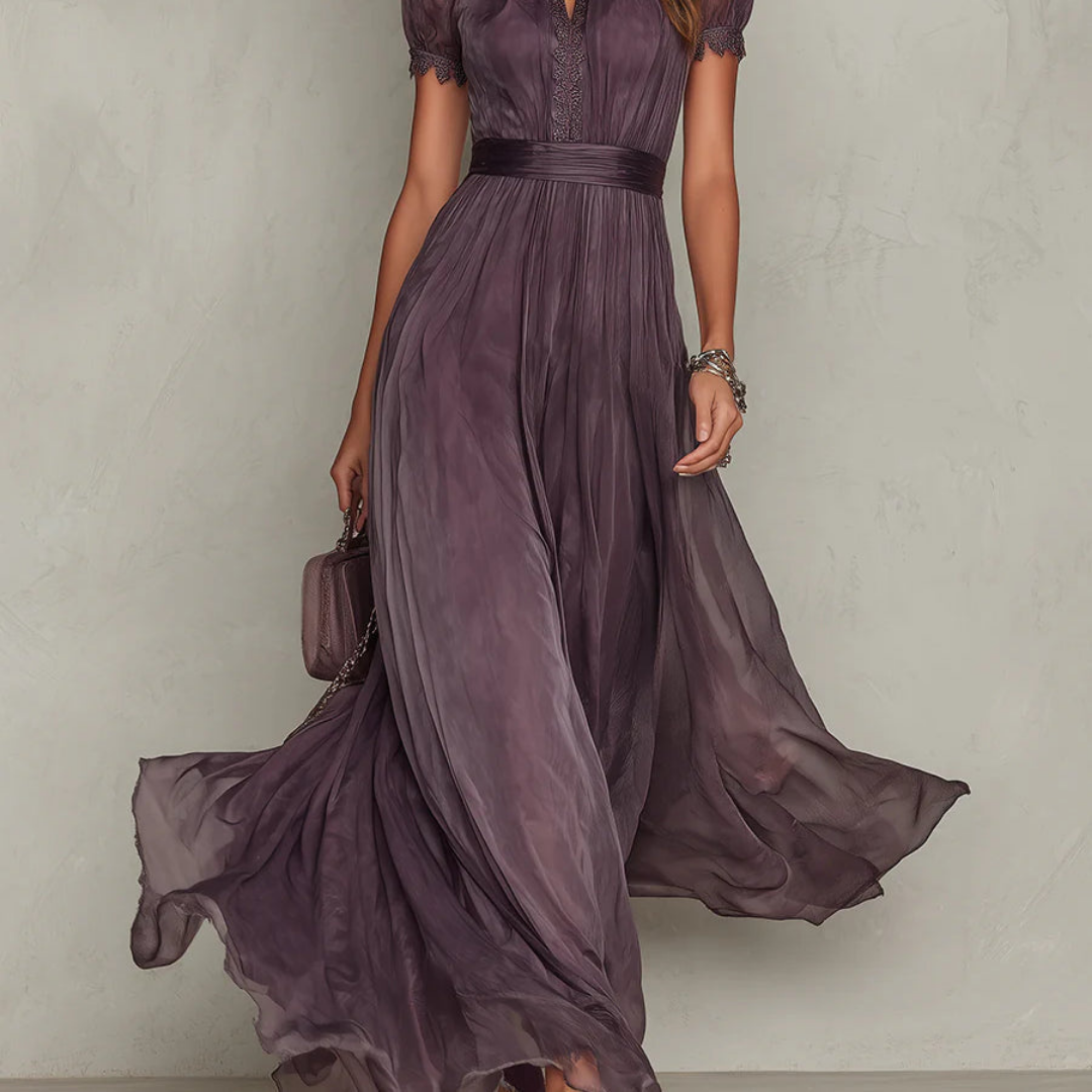 Elegant women's purple maxi dress with a high neck and exquisite lace trim detail, perfect for evening wear.