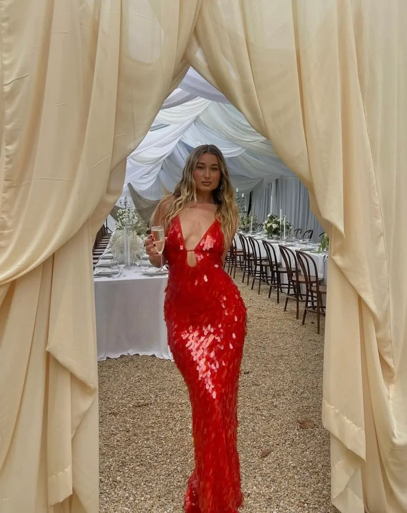 Glamorous red backless V-neck homecoming dress for women. Dazzling mermaid formal evening gown, ideal for special events.