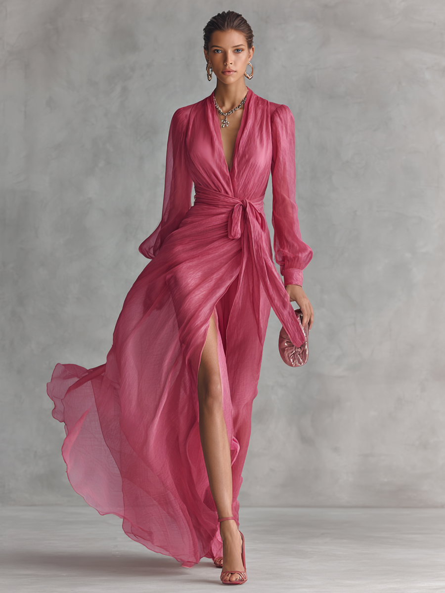 Flowy rose pink V-neck maxi dress with a stylish tie-waist, a feminine choice for evening wear or summer events.