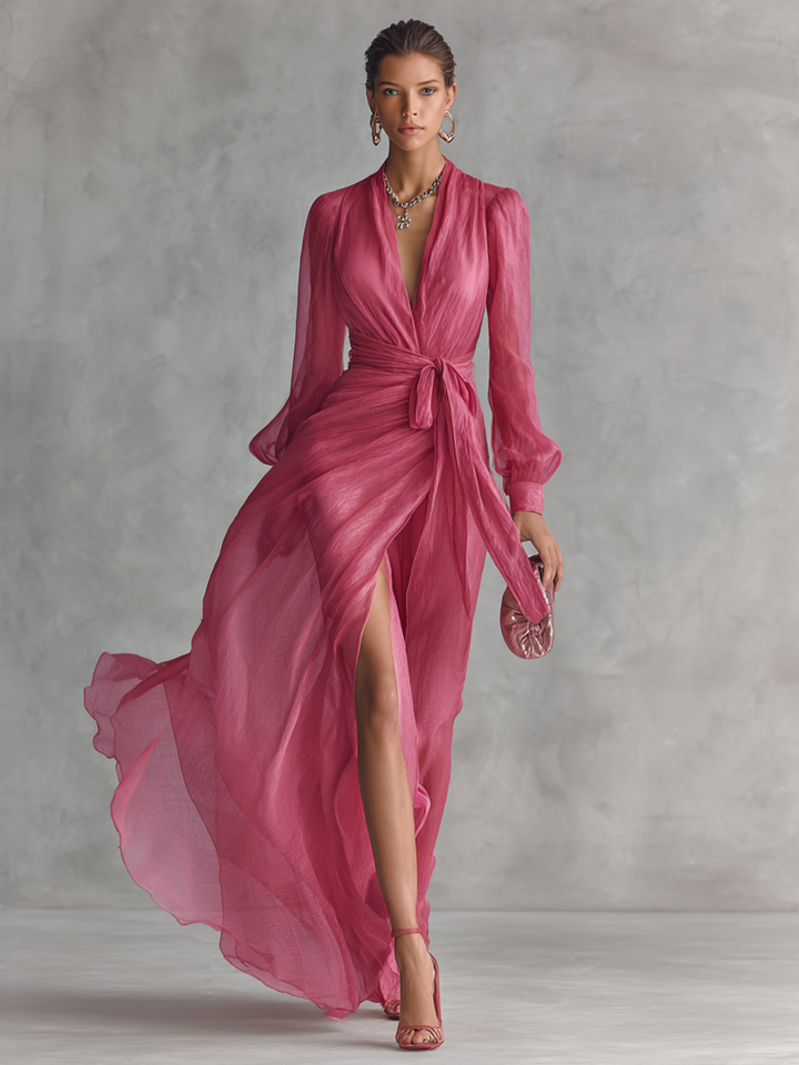 Flowy rose pink V-neck maxi dress with a stylish tie-waist, a feminine choice for evening wear or summer events.