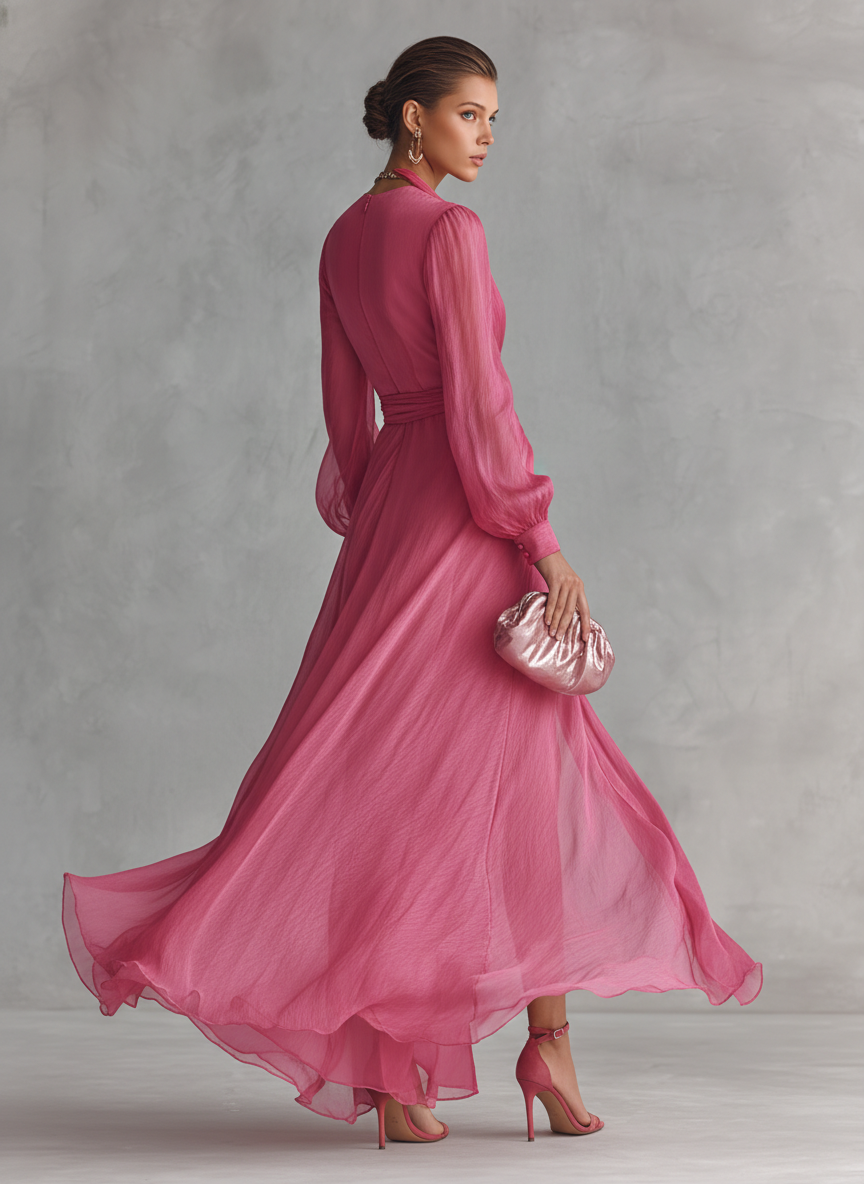 Sophisticated rose pink V-neck tie-waist maxi dress for women, ideal as an evening dress or for special events.
