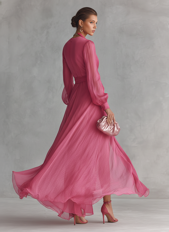 Sophisticated rose pink V-neck tie-waist maxi dress for women, ideal as an evening dress or for special events.