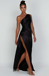 Feminine ruched one-shoulder maxi wedding guest dress, elegant and long.