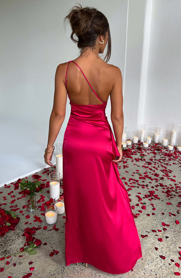 Modern elegant ruched one-shoulder maxi dress for women's formal occasions.