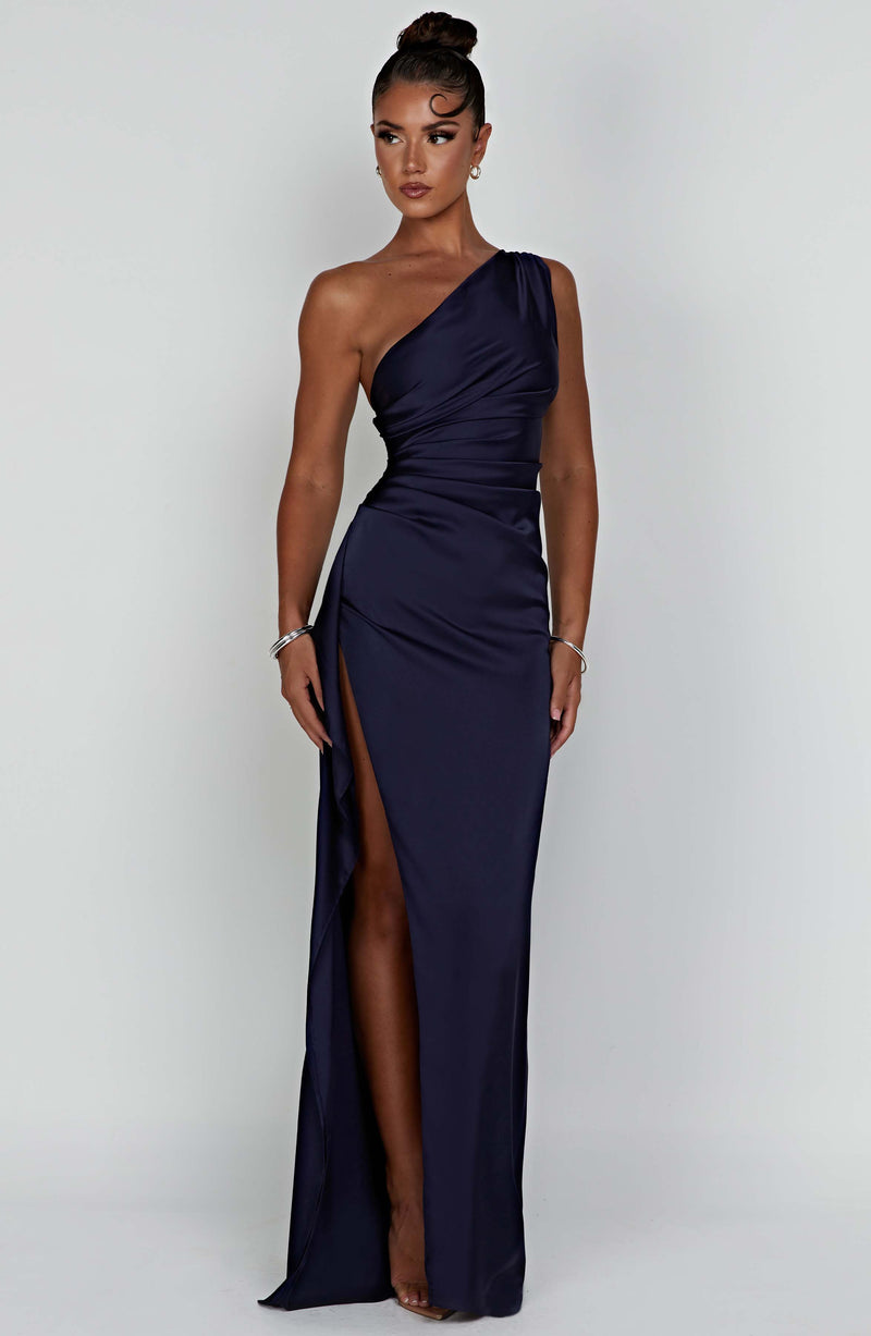 Women's elegant one-shoulder ruched maxi dress, ideal wedding guest attire.