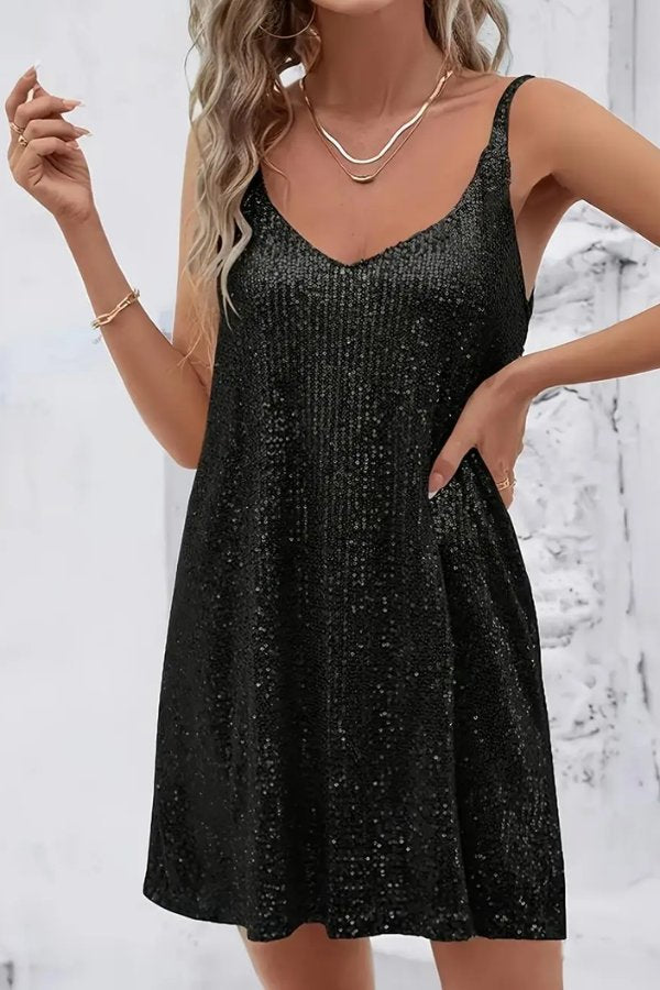 Dazzling sequin V-neck party dress for women, a glamorous short mini dress for evening wear.