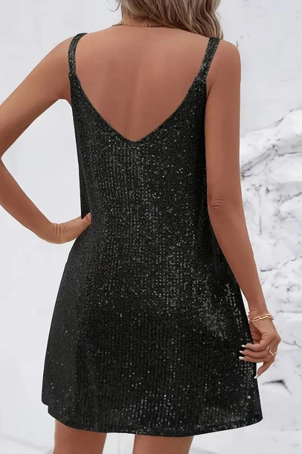 Women's stylish sequin V-neck mini dress, ideal for cocktail parties and special events.