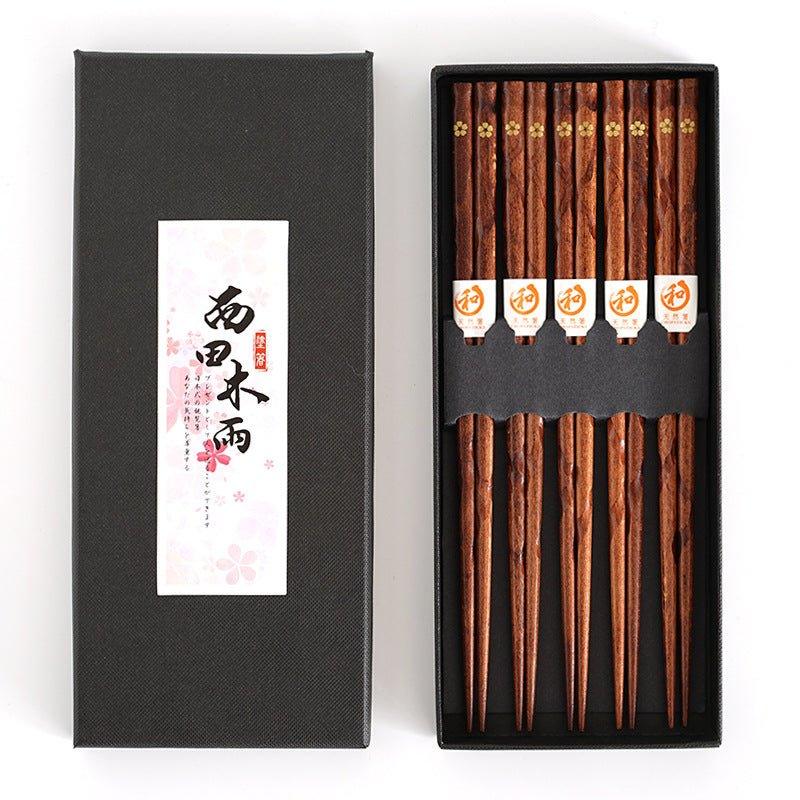 Japanese style wooden chopsticks, 5 pairs, featuring elegant golden cherry blossom accents for kitchen accessories.