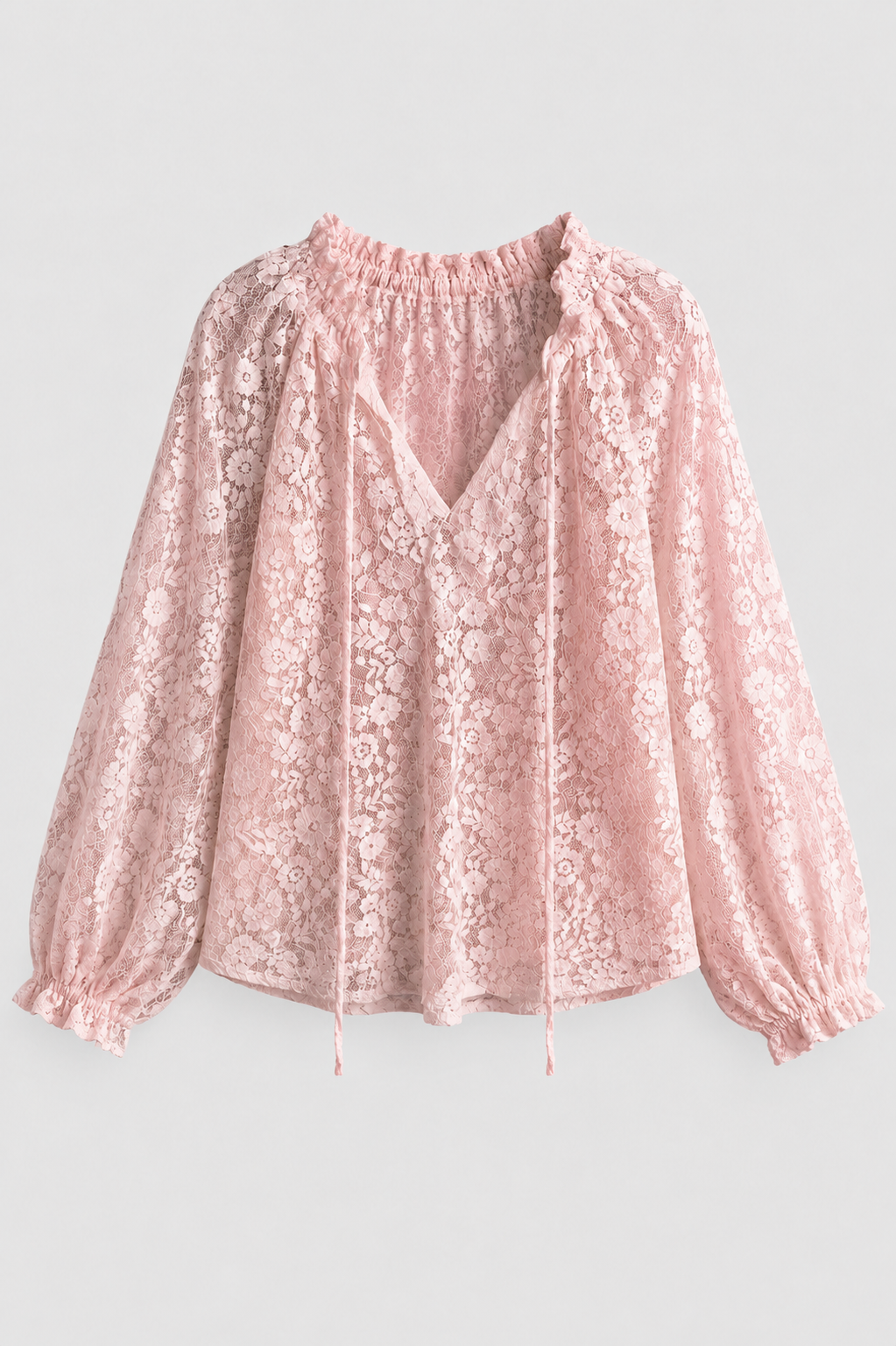 Elegant sheer lace tie-neck blouse for women, perfect for semi-formal or casual wear.
