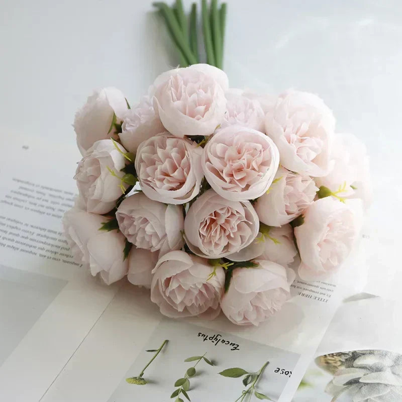 Maintenance-free artificial peony bouquet, providing lasting beauty for wedding, event, or home decor.