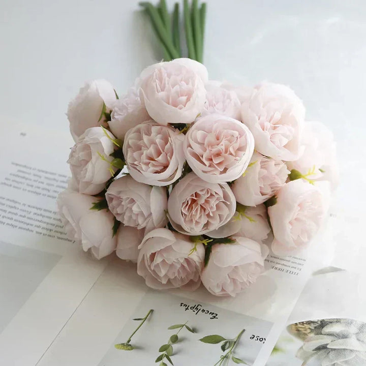 Maintenance-free artificial peony bouquet, providing lasting beauty for wedding, event, or home decor.