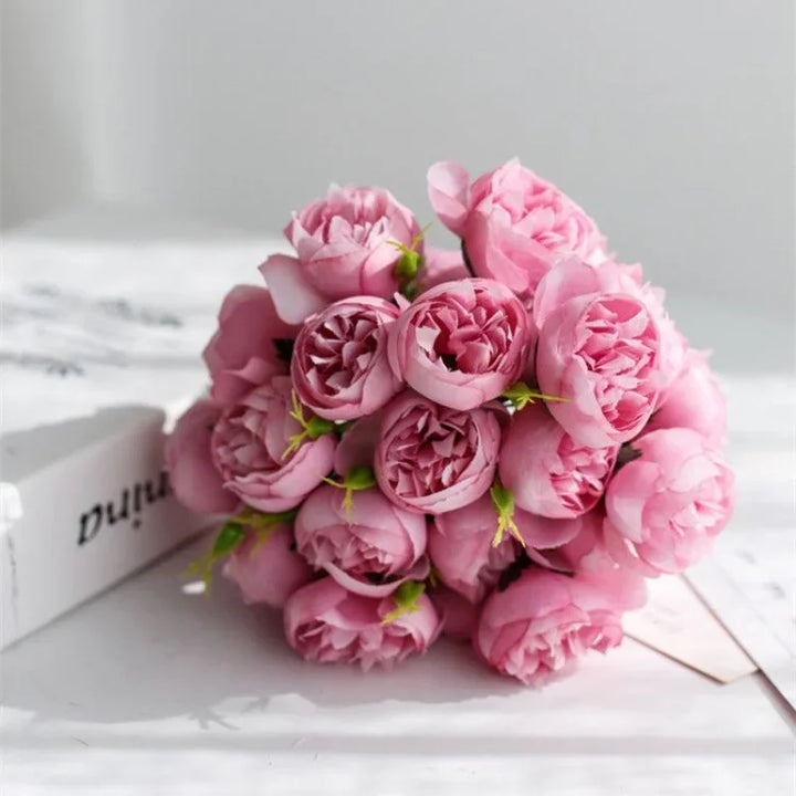 Premium quality silk peony bouquet, offering lifelike blooms for elegant home decor and wedding displays.