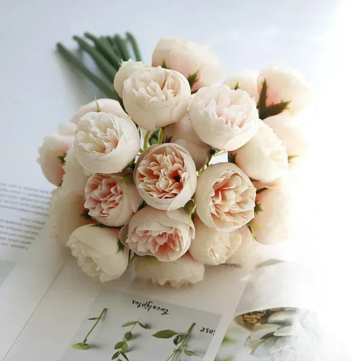 Charming faux flower peony bouquet, a stylish and low-maintenance accent for modern home decor.