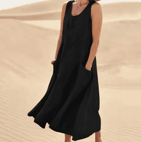 Modern women's fashion: elegant sleeveless midi dress with a comfortable loose fit and practical pockets.