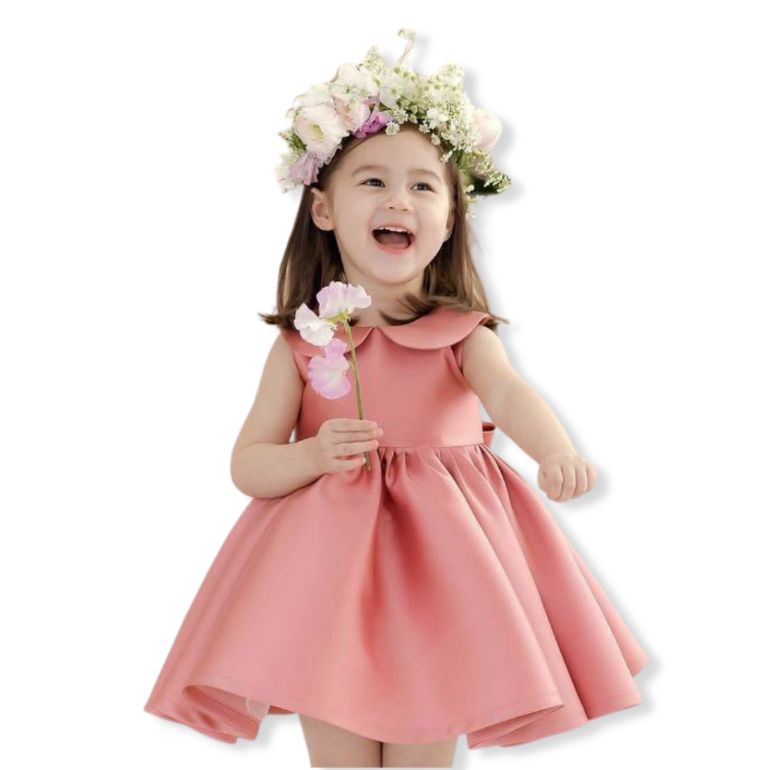 Elegant sleeveless pink silk-blend dress for girls with white Peter Pan collar