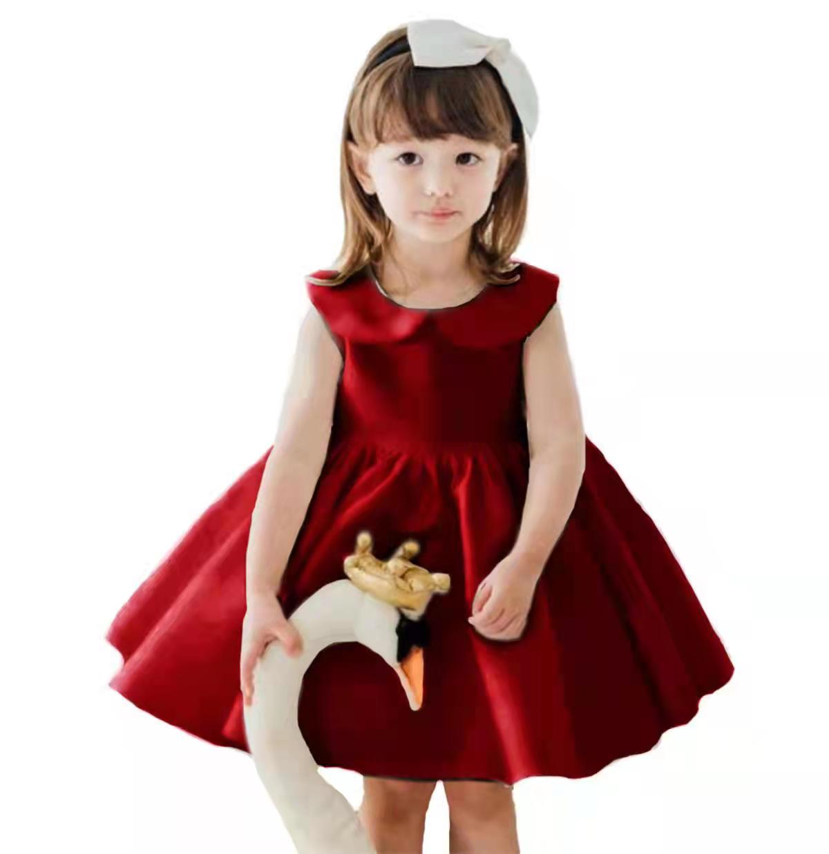 Childrens clothing: front view of a fuchsia sleeveless silk-blend dress with white Peter Pan collar