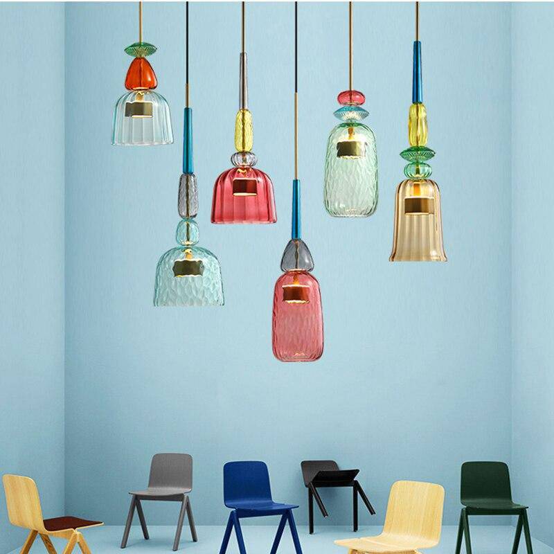Sofia elegant colored glass ceiling lamp, a chic centerpiece for any dining room or living space.