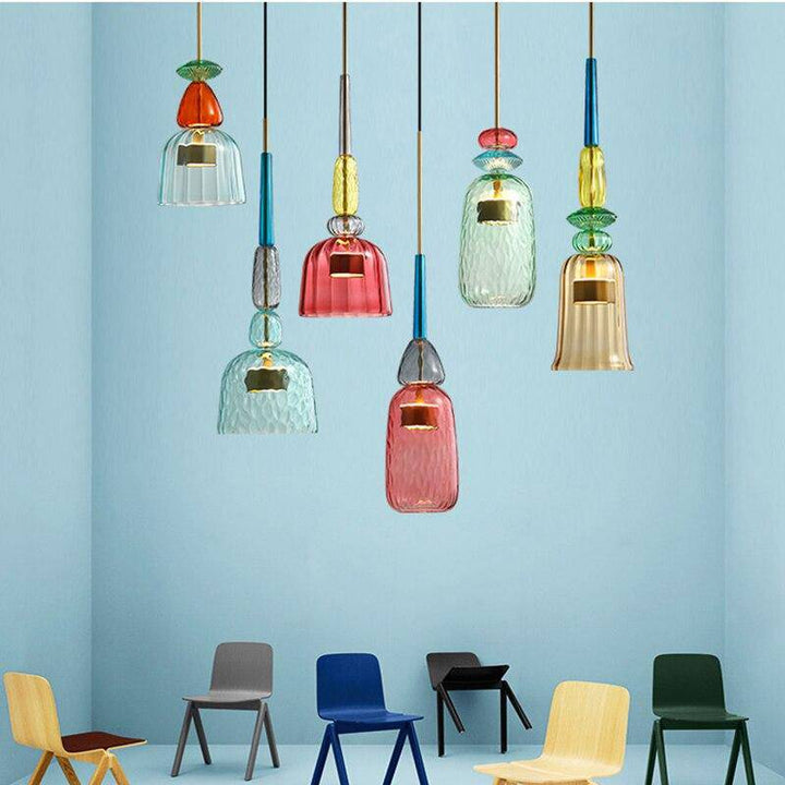 Sofia elegant colored glass ceiling lamp, a chic centerpiece for any dining room or living space.