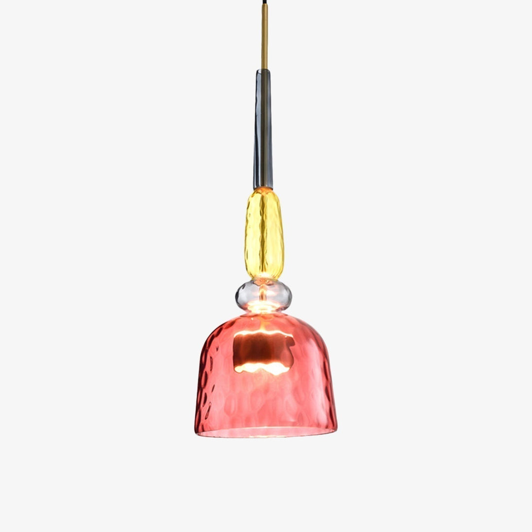 Modern Sofia pendant light, colored glass design, provides bright and stylish dining room lighting.