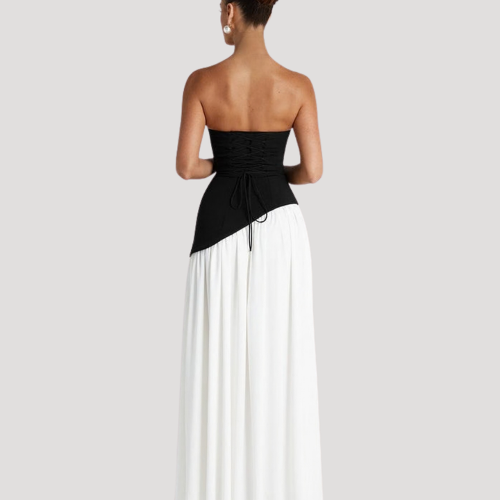 Women's formal strapless pleated maxi, an elegant long dress for special events.