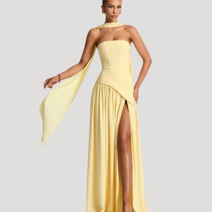 Women's formal strapless pleated gown, a long elegant dress for any special occasion.