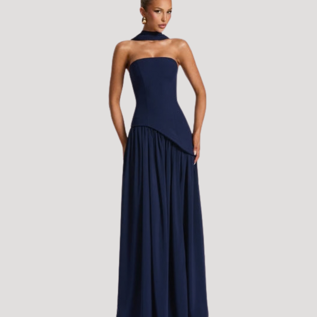 Long pleated strapless maxi dress, a chic formal design for women's evening wear.