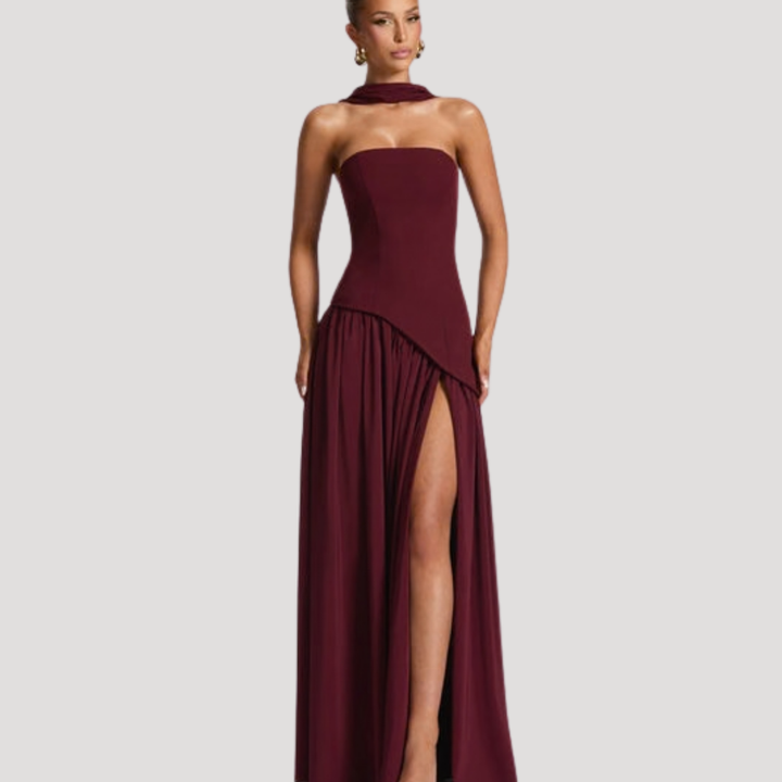 Women's elegant strapless pleated formal dress, perfect for galas & special events.