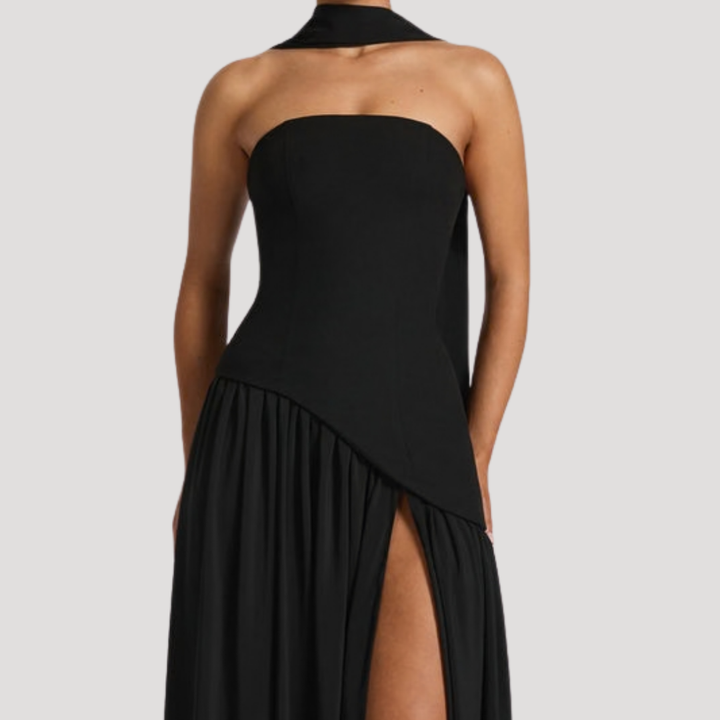 Sophisticated strapless pleated party dress, a long elegant gown for women.