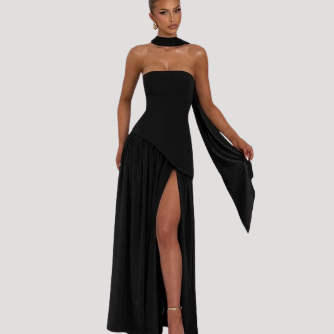 Graceful women's strapless formal maxi, beautifully pleated for evening occasions.