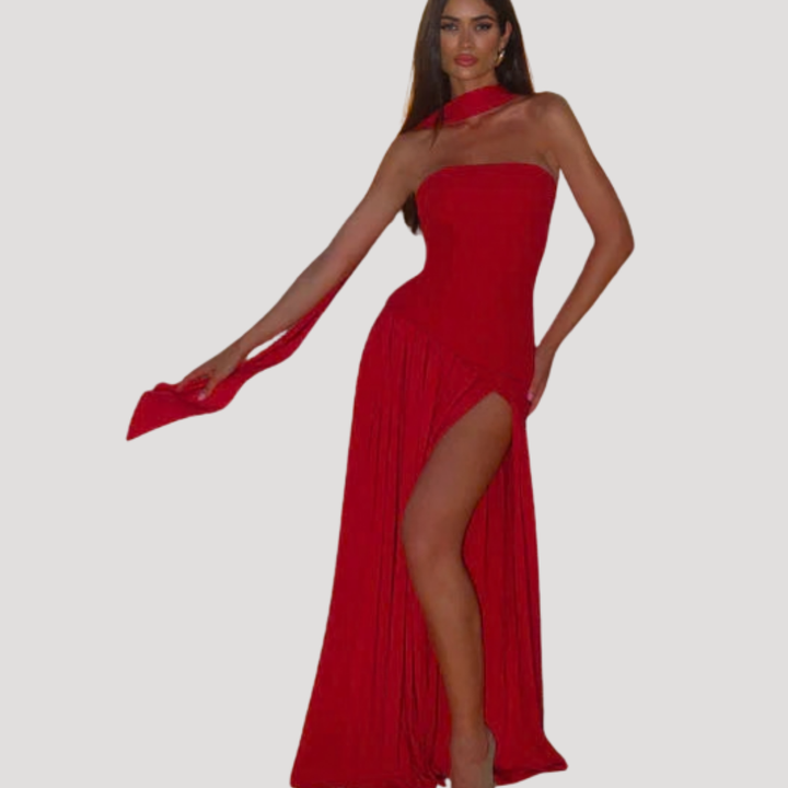 Stunning pleated strapless maxi dress, an elegant long gown for women's formal events.