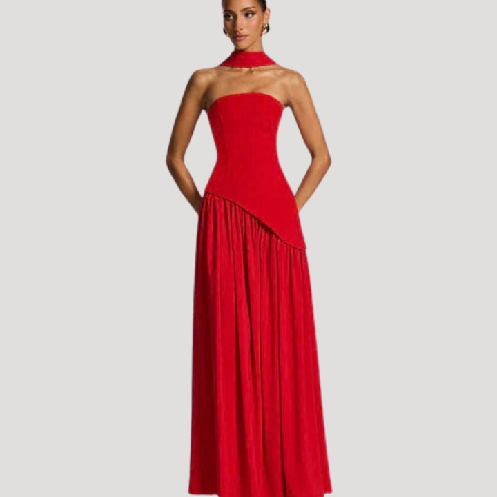 Elegant strapless pleated maxi dress, a stunning formal gown for women.