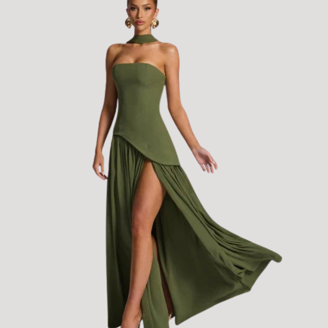 Long pleated strapless party maxi, a chic formal design for women's evening events.